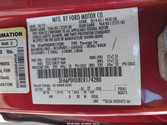 Auction sale of the 2014 Ford Fusion Se, vin: 3FA6P0HD8ER174280, lot number: 46114292