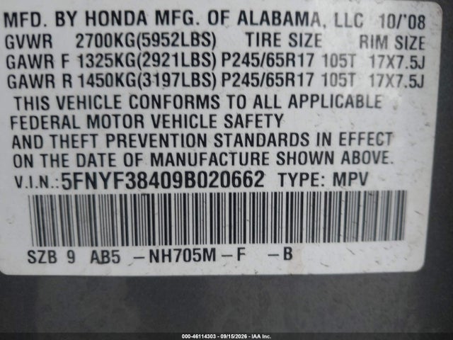 Продажа на аукционе авто 2009 Honda Pilot Ex, vin: 5FNYF38409B020662, номер лота: 46114303