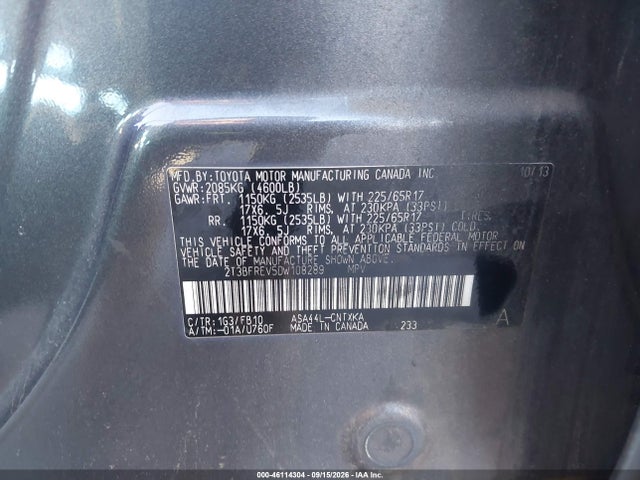 Aukcja sprzedaży 2013 Toyota Rav4 Le, vin: 2T3BFREV5DW108289, numer aukcji: 46114304