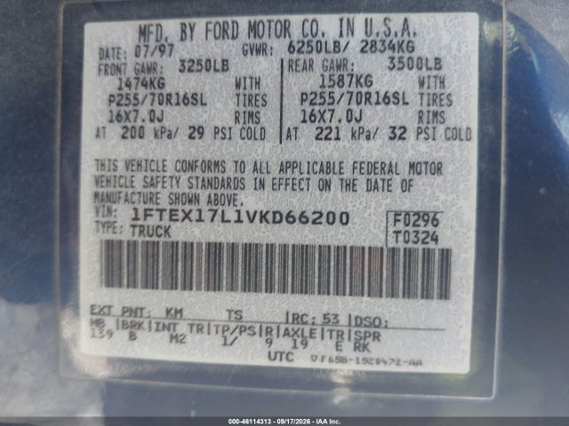 Продаж на аукціоні авто 1997 Ford F-150 Lariat/xl/xlt, vin: 1FTEX17L1VKD66200, номер лоту: 46114313