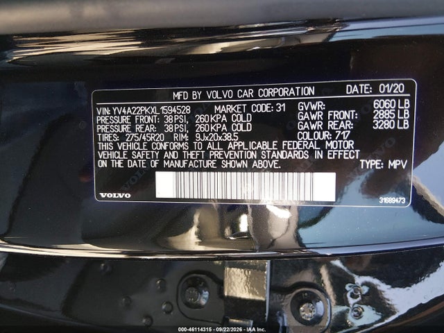 46114315 :رقم المزاد ، YV4A22PKXL1594528 vin ، 2020 Volvo Xc90 T6 Momentum 7 Passenger مزاد بيع