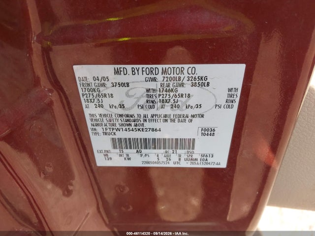46114320 :رقم المزاد ، 1FTPW14545KE27864 vin ، 2005 Ford F-150 Fx4/lariat/xlt مزاد بيع
