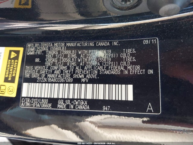 Aukcja sprzedaży 2012 Lexus Rx 350, vin: 2T2ZK1BA8CC067089, numer aukcji: 46114321