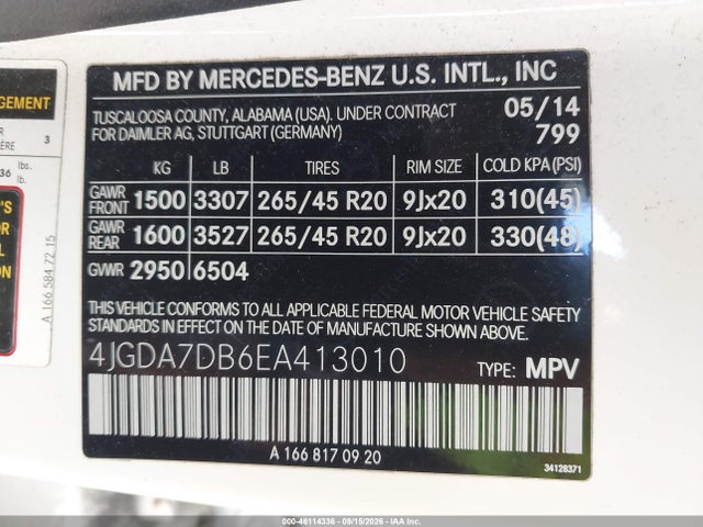 46114336 :رقم المزاد ، 4JGDA7DB6EA413010 vin ، 2014 Mercedes-benz Ml 550 4matic مزاد بيع