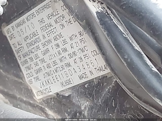 2011 Kawasaki Kl650 E მანქანა იყიდება აუქციონზე, vin: JKAKLEE11BDA34861, აუქციონის ნომერი: 46114344