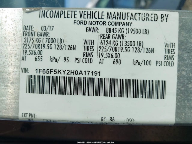2017 Ford F-59 Commercial Stripped მანქანა იყიდება აუქციონზე, vin: 1F65F5KY2H0A17191, აუქციონის ნომერი: 46114348