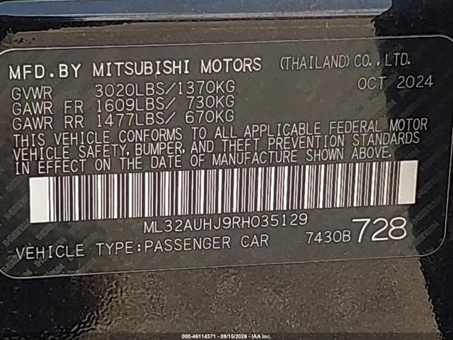 Auction sale of the 2024 Mitsubishi Mirage Es/le, vin: ML32AUHJ9RH035129, lot number: 46114371
