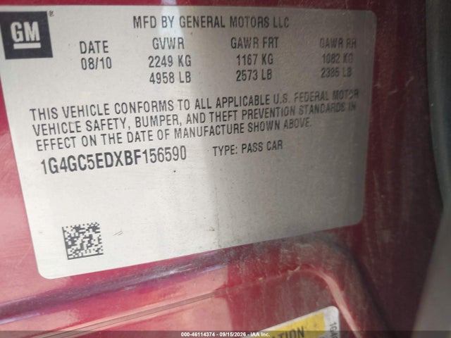 Продаж на аукціоні авто 2011 Buick Lacrosse Cxl, vin: 1G4GC5EDXBF156590, номер лоту: 46114374