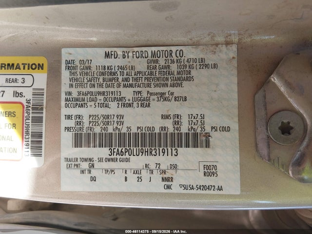 Ford Fusion Hybrid Se 2017 3FA6P0LU9HR319113 Image 9
