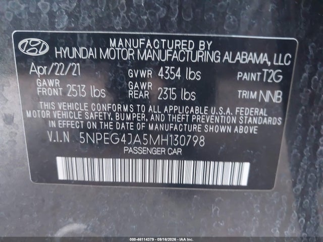 46114379 :رقم المزاد ، 5NPEG4JA5MH130798 vin ، 2021 Hyundai Sonata Se مزاد بيع