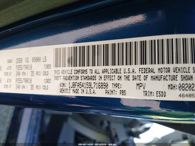 46114380 :رقم المزاد ، 1J8FA54159L716890 vin ، 2009 Jeep Wrangler Sahara مزاد بيع