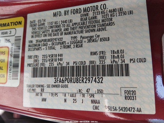 46114385 :رقم المزاد ، 3FA6P0RU8ER297432 vin ، 2014 Ford Fusion Hybrid Titanium مزاد بيع