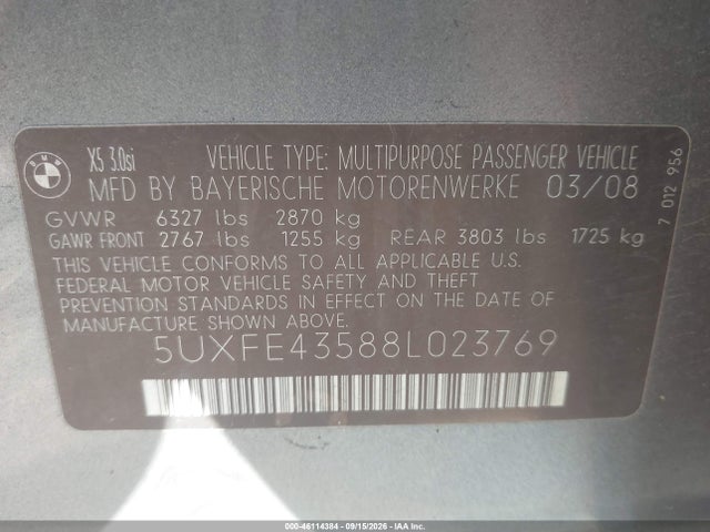 Продажа на аукционе авто 2008 Bmw X5 3.0si, vin: 5UXFE43588L023769, номер лота: 46114384