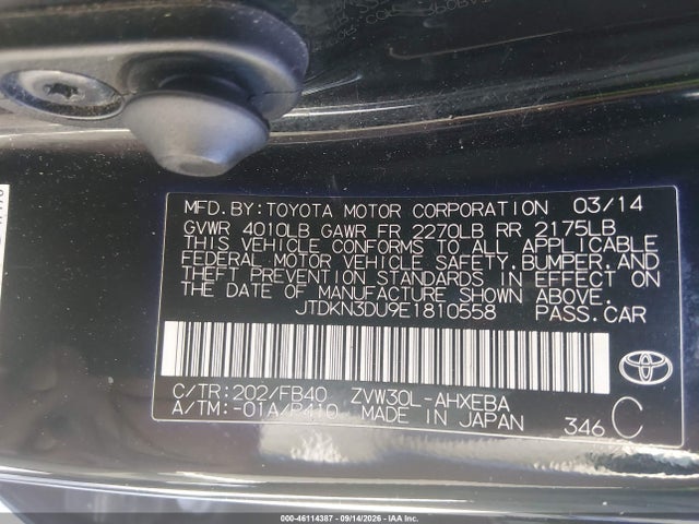 2014 Toyota Prius Two მანქანა იყიდება აუქციონზე, vin: JTDKN3DU9E1810558, აუქციონის ნომერი: 46114387