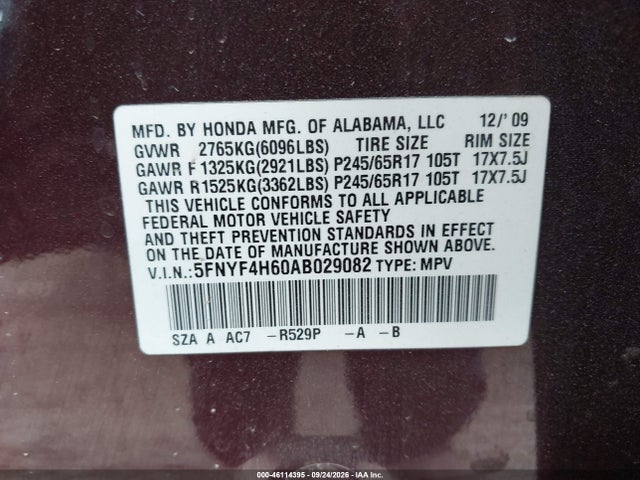 Продаж на аукціоні авто 2010 Honda Pilot Ex-l, vin: 5FNYF4H60AB029082, номер лоту: 46114395