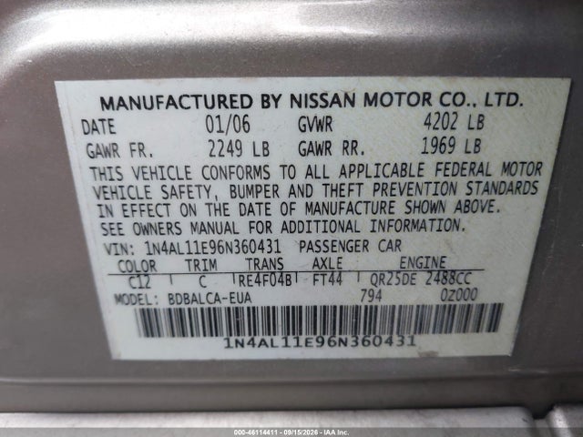 46114411 :رقم المزاد ، 1N4AL11E96N360431 vin ، 2006 Nissan Altima 2.5 S مزاد بيع