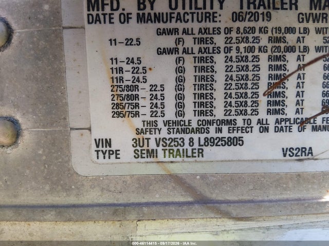 2020 Utility Trailer Mfg Unknown მანქანა იყიდება აუქციონზე, vin: 3UTVS2538L8925805, აუქციონის ნომერი: 46114415