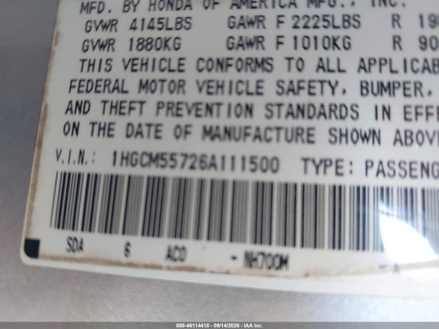 Aukcja sprzedaży 2006 Honda Accord 2.4 Ex, vin: 1HGCM55726A111500, numer aukcji: 46114418