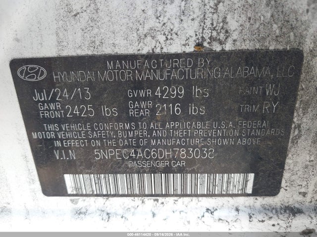 46114420 :رقم المزاد ، 5NPEC4AC6DH783038 vin ، 2013 Hyundai Sonata Se مزاد بيع