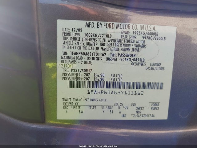 Aukcja sprzedaży 2003 Ford Thunderbird, vin: 1FAHP60A63Y101162, numer aukcji: 46114422