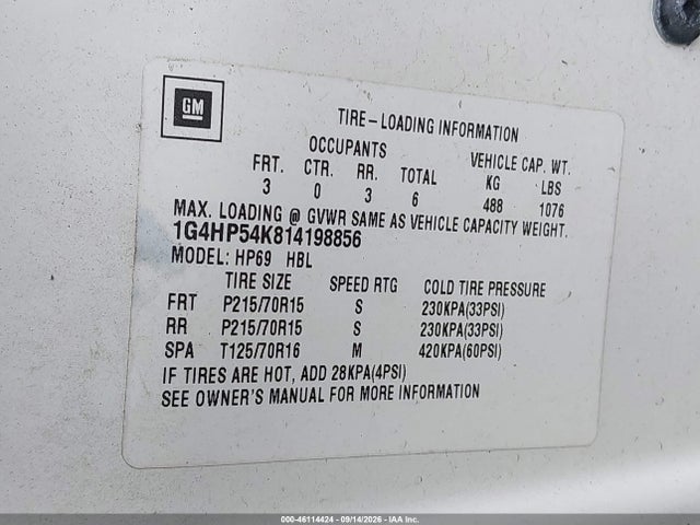 2001 Buick Lesabre Custom მანქანა იყიდება აუქციონზე, vin: 1G4HP54K814198856, აუქციონის ნომერი: 46114424