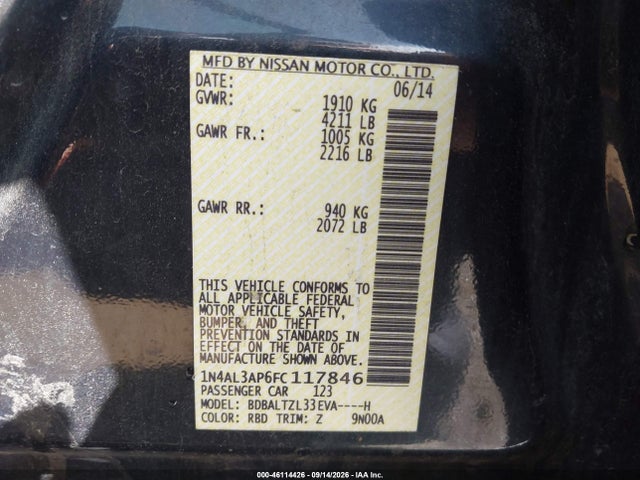 Продажа на аукционе авто 2015 Nissan Altima 2.5 Sl, vin: 1N4AL3AP6FC117846, номер лота: 46114426