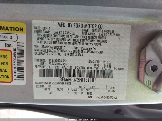 46114430 :رقم المزاد ، 3FA6P0G72FR131101 vin ، 2015 Ford Fusion S مزاد بيع