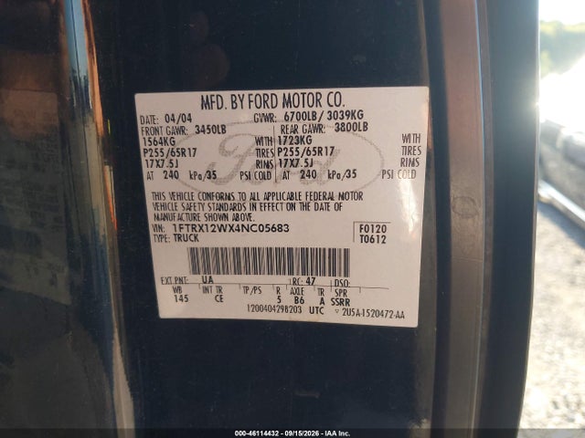 2004 Ford F-150 Stx/xl/xlt მანქანა იყიდება აუქციონზე, vin: 1FTRX12WX4NC05683, აუქციონის ნომერი: 46114432