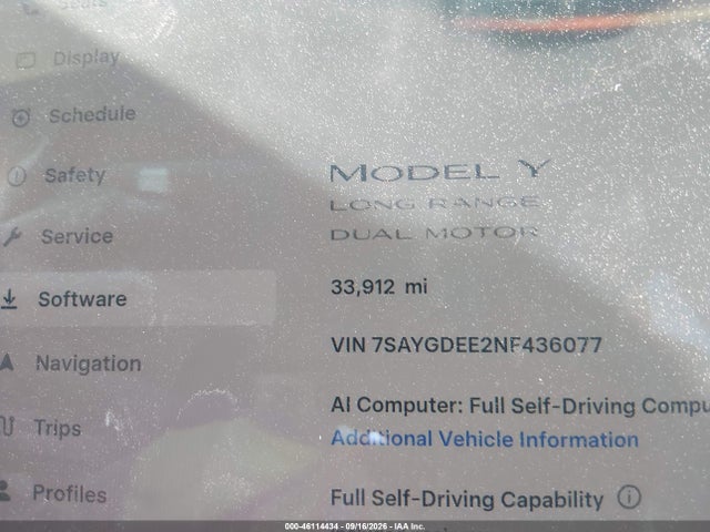 46114434 :رقم المزاد ، 7SAYGDEE2NF436077 vin ، 2022 Tesla Model Y Long Range Dual Motor All-wheel Drive مزاد بيع
