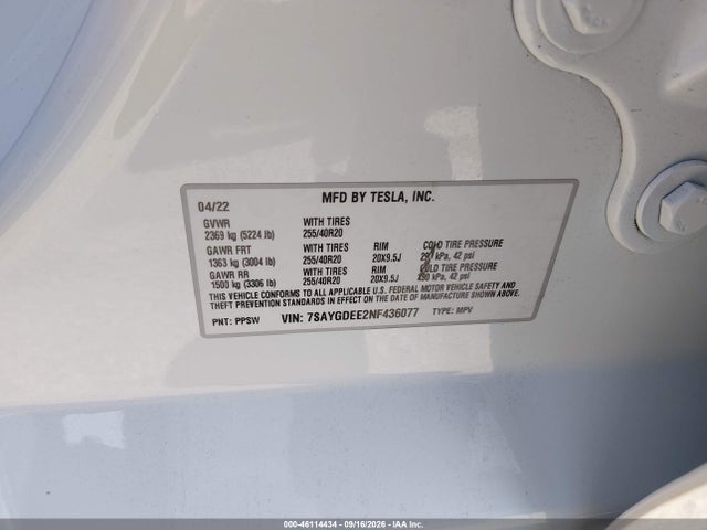 46114434 :رقم المزاد ، 7SAYGDEE2NF436077 vin ، 2022 Tesla Model Y Long Range Dual Motor All-wheel Drive مزاد بيع