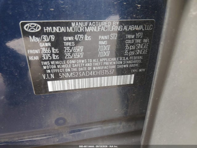 5NMS23AD4KH131537 Hyundai Santa Fe Se