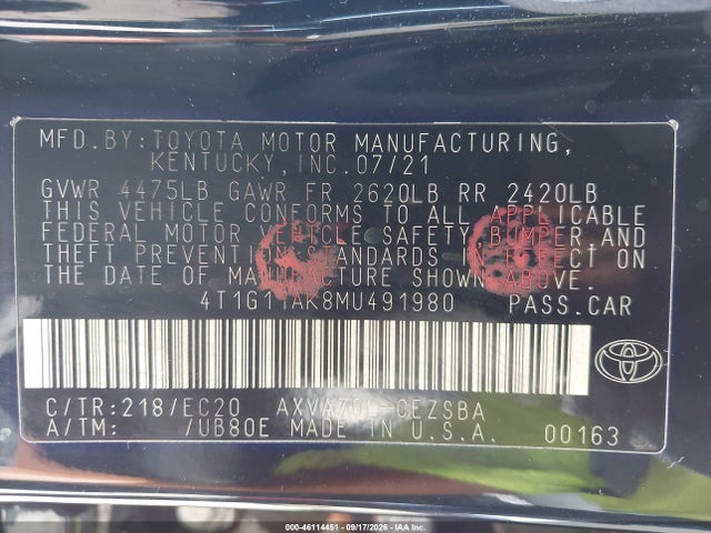 Aukcja sprzedaży 2021 Toyota Camry Se Nightshade Edition, vin: 4T1G11AK8MU491980, numer aukcji: 46114451