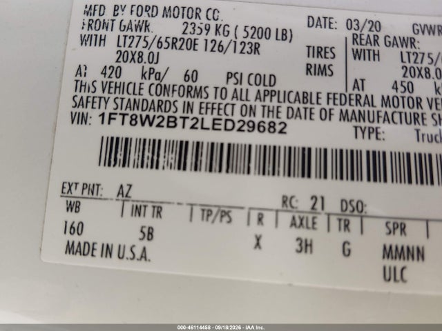 46114458 :رقم المزاد ، 1FT8W2BT2LED29682 vin ، 2020 Ford F-250 Lariat مزاد بيع