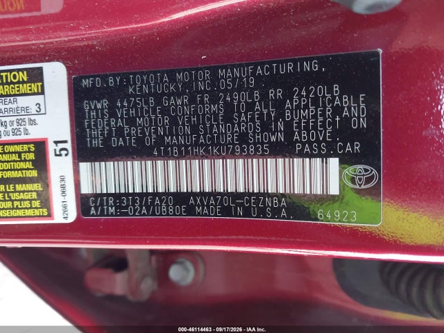 Продажа на аукционе авто 2019 Toyota Camry Le, vin: 4T1B11HK1KU793835, номер лота: 46114463