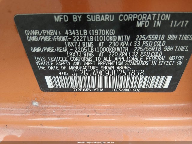 Aukcja sprzedaży 2018 Subaru Crosstrek 2.0i Limited, vin: JF2GTAMC9JH253838, numer aukcji: 46114469