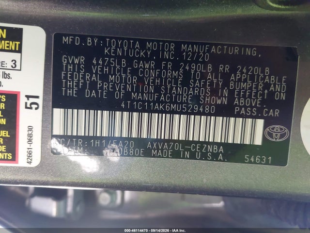 Aukcja sprzedaży 2021 Toyota Camry Le, vin: 4T1C11AK6MU529480, numer aukcji: 46114470