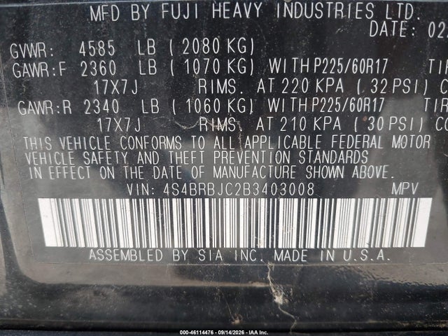 Продажа на аукционе авто 2011 Subaru Outback 2.5i Limited, vin: 4S4BRBJC2B3403008, номер лота: 46114476