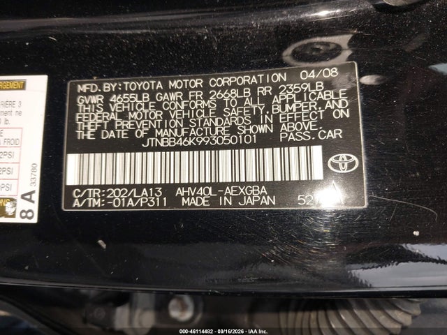 Aukcja sprzedaży 2009 Toyota Camry Hybrid, vin: JTNBB46K993050101, numer aukcji: 46114482