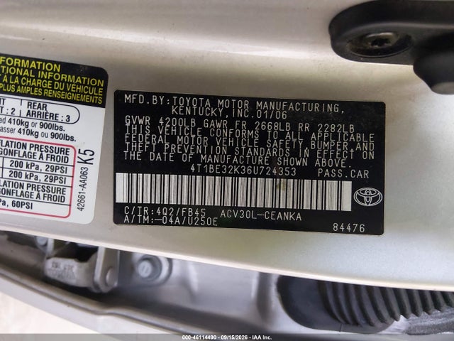 Продажа на аукционе авто 2006 Toyota Camry Std, vin: 4T1BE32K36U724353, номер лота: 46114490