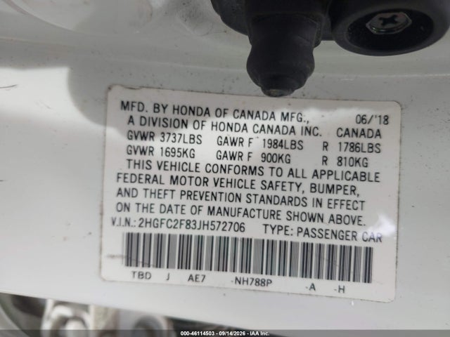 2018 Honda Civic Ex მანქანა იყიდება აუქციონზე, vin: 2HGFC2F83JH572706, აუქციონის ნომერი: 46114503