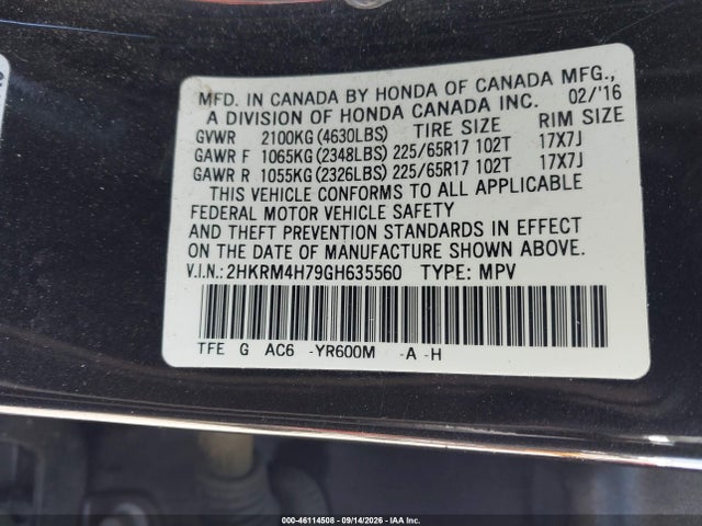 Honda Cr-v Ex-l 2016 2HKRM4H79GH635560 Image 9
