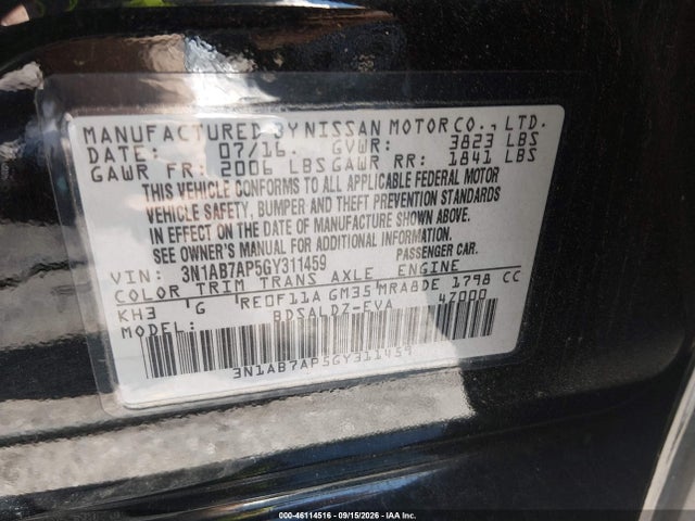 Продажа на аукционе авто 2016 Nissan Sentra Sv, vin: 3N1AB7AP5GY311459, номер лота: 46114516