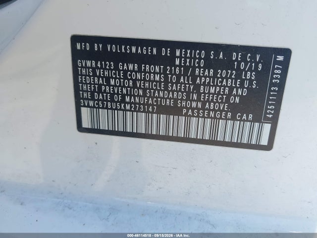 46114518 :رقم المزاد ، 3VWC57BU5KM273147 vin ، 2019 Volkswagen Jetta 1.4t R-line/1.4t S/1.4t Se مزاد بيع