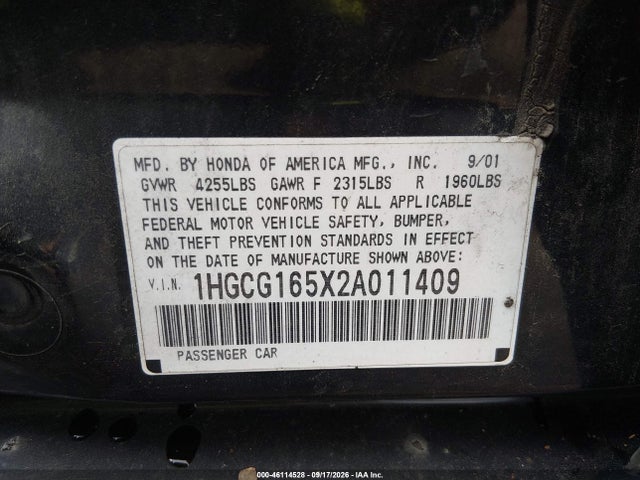 2002 Honda Accord 3.0 Ex მანქანა იყიდება აუქციონზე, vin: 1HGCG165X2A011409, აუქციონის ნომერი: 46114528