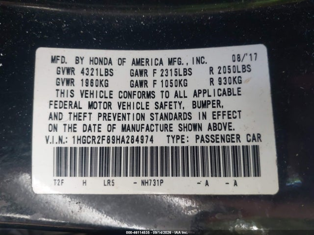 Aukcja sprzedaży 2017 Honda Accord Ex-l, vin: 1HGCR2F89HA284974, numer aukcji: 46114535