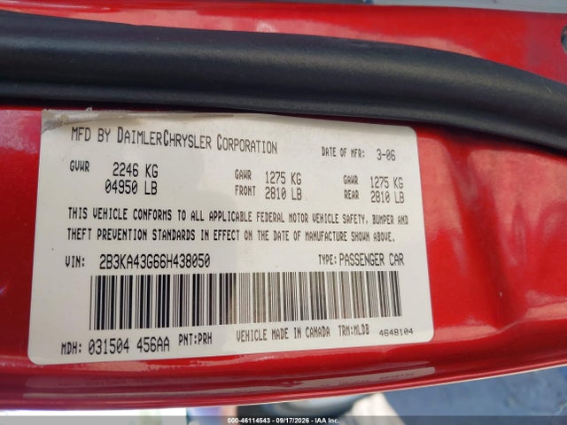 46114543 :رقم المزاد ، 2B3KA43G66H438050 vin ، 2006 Dodge Charger مزاد بيع