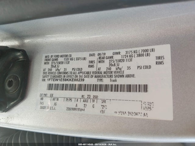 Aukcja sprzedaży 2019 Ford F-150 Xl, vin: 1FTEW1E59KKE88239, numer aukcji: 46114549