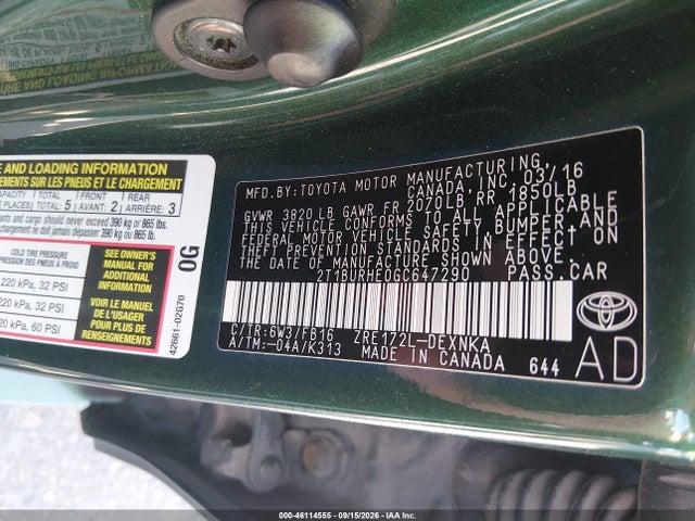 Продаж на аукціоні авто 2016 Toyota Corolla Le, vin: 2T1BURHE0GC647290, номер лоту: 46114555