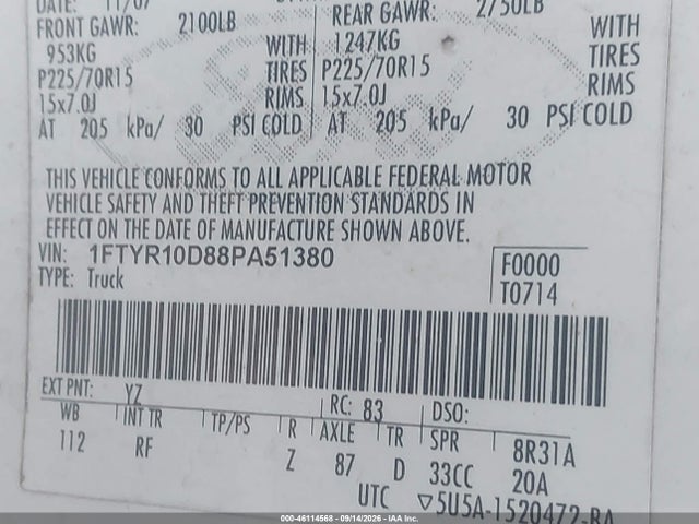 46114568 :رقم المزاد ، 1FTYR10D88PA51380 vin ، 2008 Ford Ranger Xl/xlt مزاد بيع