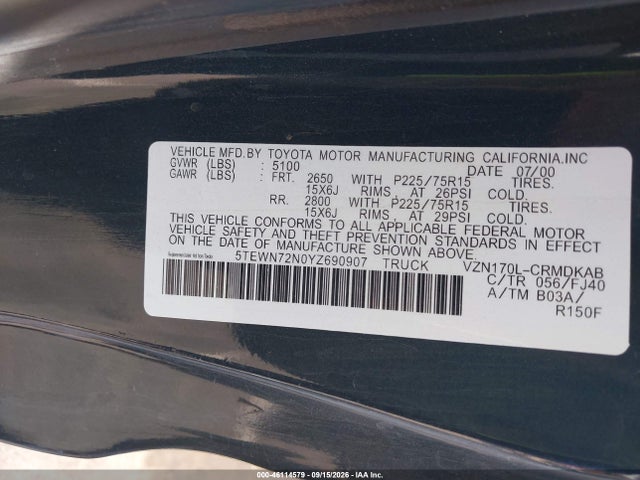 46114579 :رقم المزاد ، 5TEWN72N0YZ690907 vin ، 2000 Toyota Tacoma Base V6 مزاد بيع